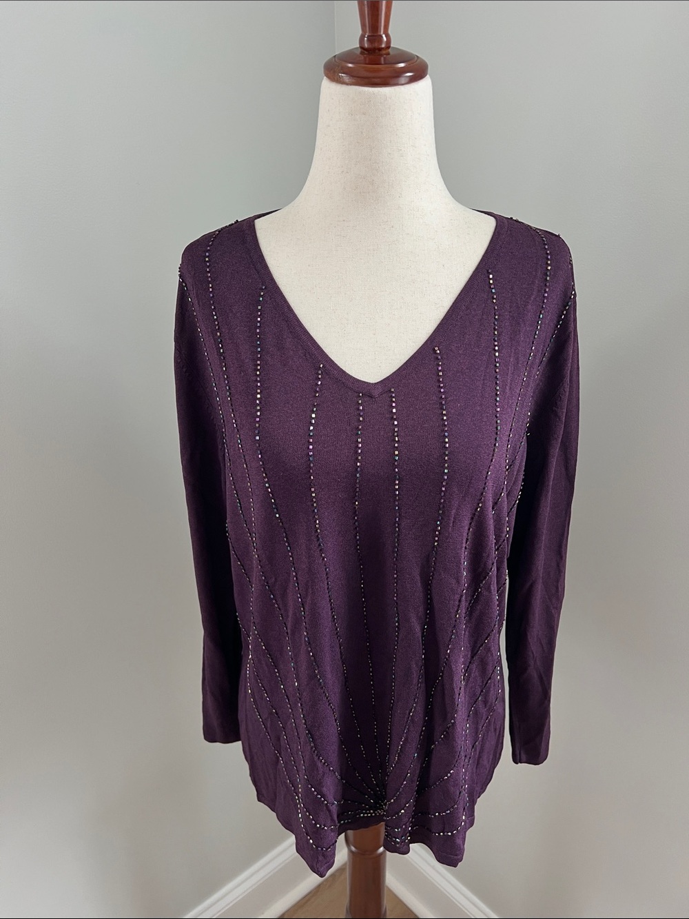 Bob Mackie | Purple V-Neck Long Sleeve Sweater Top with Vertical Beading Sz XL